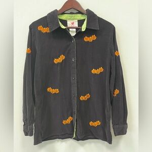 Quaker Factory Halloween Pumpkin Embroidered Black Corduroy Shirt Small
